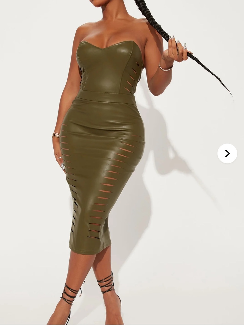 Fashion Nova Olive Strapless Faux-Leather Cutout Midi Dress